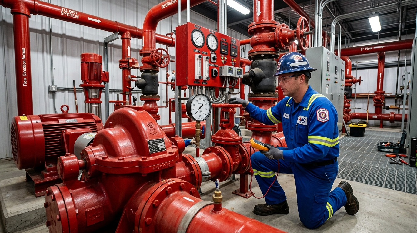 Técnico de Fire Test inspeccionando sistema de bombas contra incendios